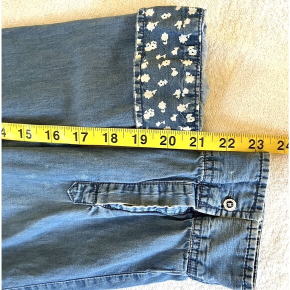 Per Se Shirt Denim Studs Roll Flip Sleeve Floral Blue 1X Button Hippie Boho Y2K - Picture 9 of 16